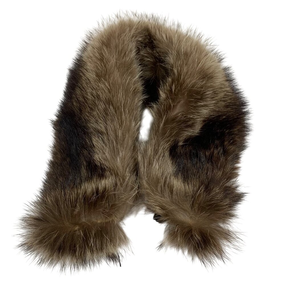 Genuine Brown Raccoon Fur Collar Scarf Black Satin Lining, Hook Closure EUC
